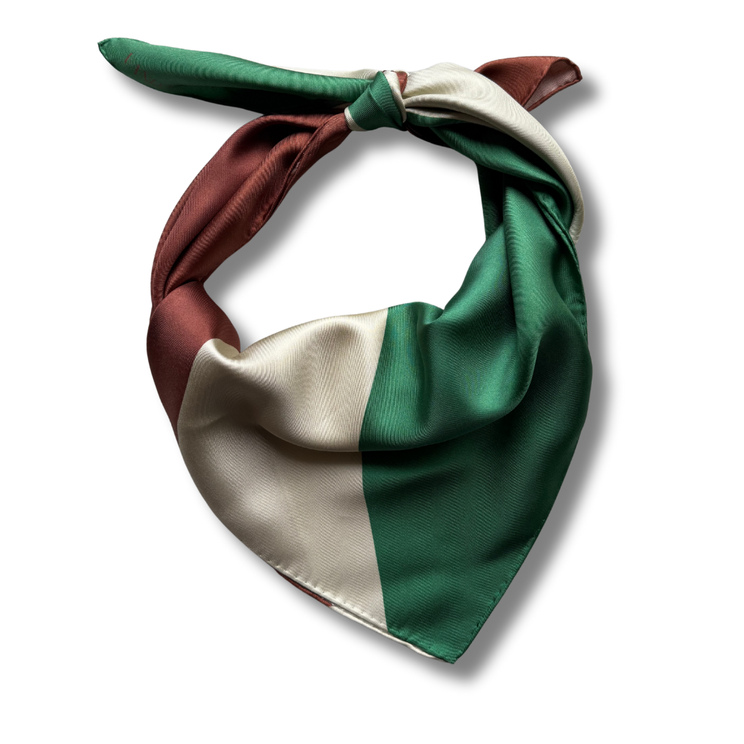 Šilko skarelė HIT - unikali spalvų kombinacija: ruda, žalia, geltona